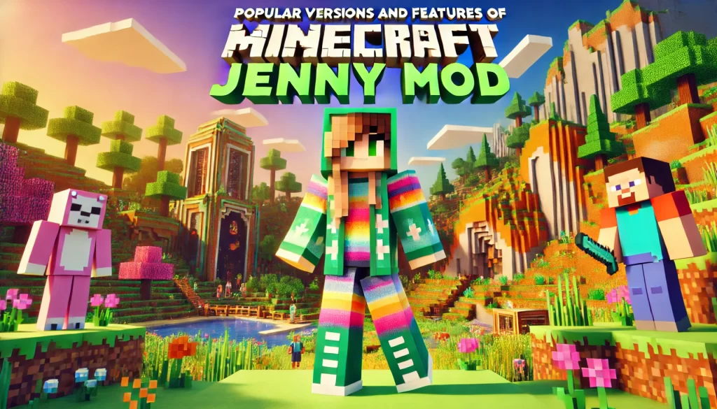 Image showcasing popular versions and features of the Minecraft Jenny MOD, highlighting its immersive gameplay and character customization options