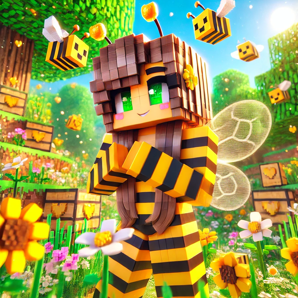 Bee Girl, a Minecraft Jenny MOD character, dressed in a bee-themed outfit, helping players with farming and protection in the fores