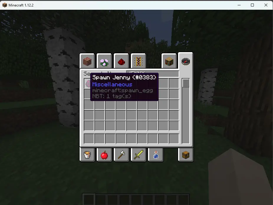Minecraft inventory search showing Jenny Egg ready for spawning.