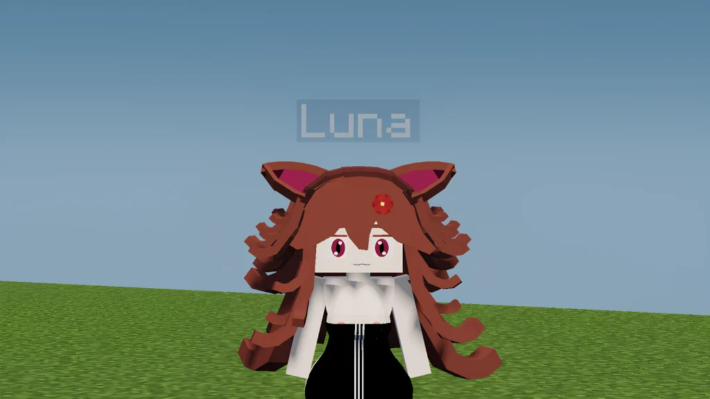 Luna character from Jenny Mod in Minecraft, featuring her unique design with brown hair, fox-like ears, and glowing details, standing in a grassy Minecraft world