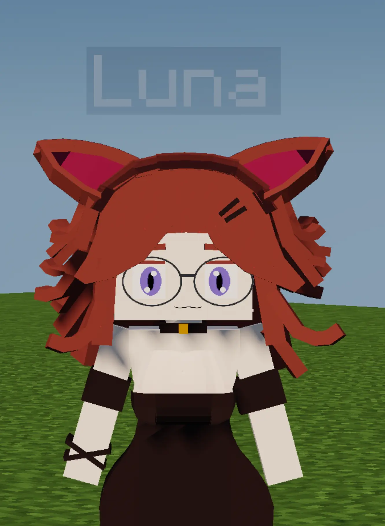 Luna the fisherwoman companion from Jenny Mod in a grassy field, wearing fox ears and glasses with red hair and a brown dress
